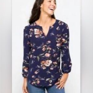 Fun2Fun Floral Blouse Navy Blue V Neck Small